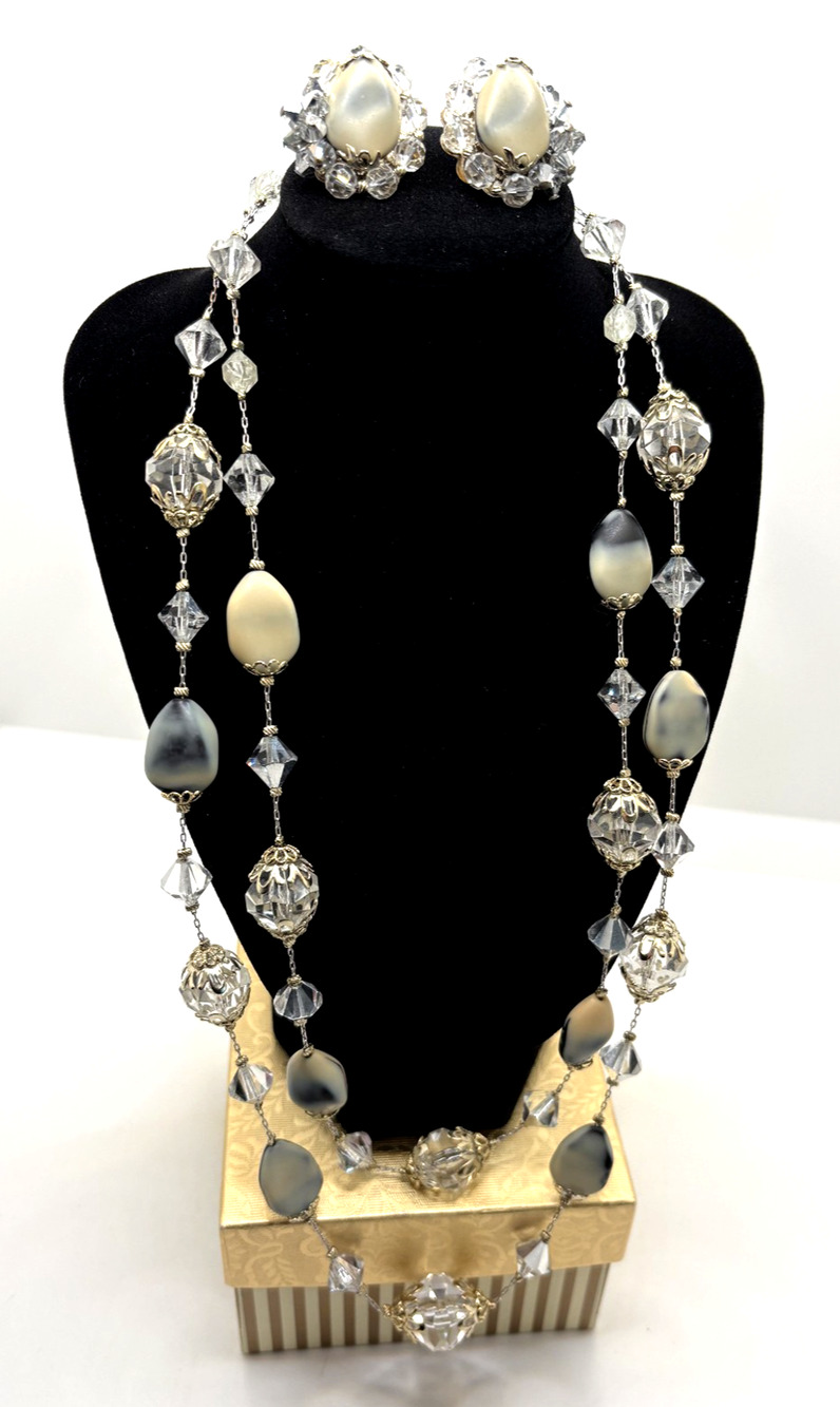 Vintage Mid Century Multi Strand Beaded Necklace Earrings Set Moonglow Lucite